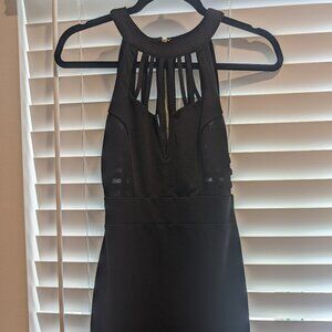 Caged neck mini black dress